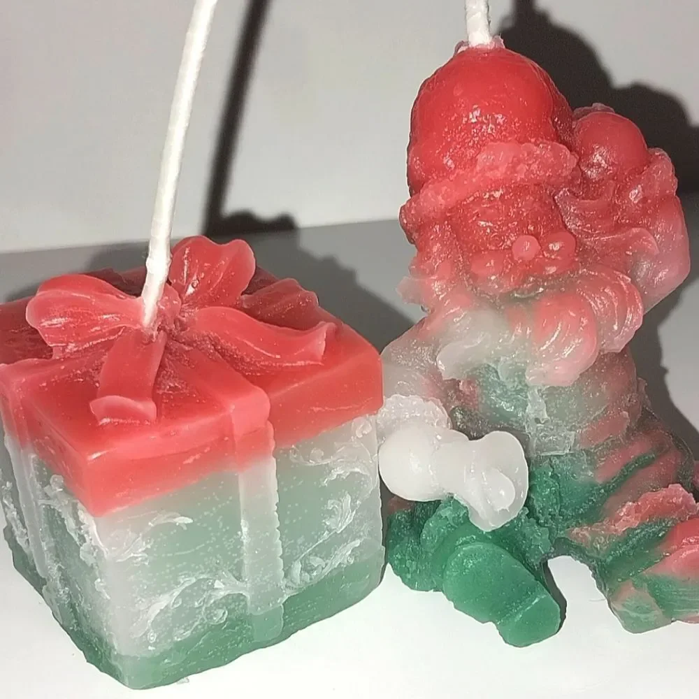Hand crafted 2 piece holiday Santa's present candle set